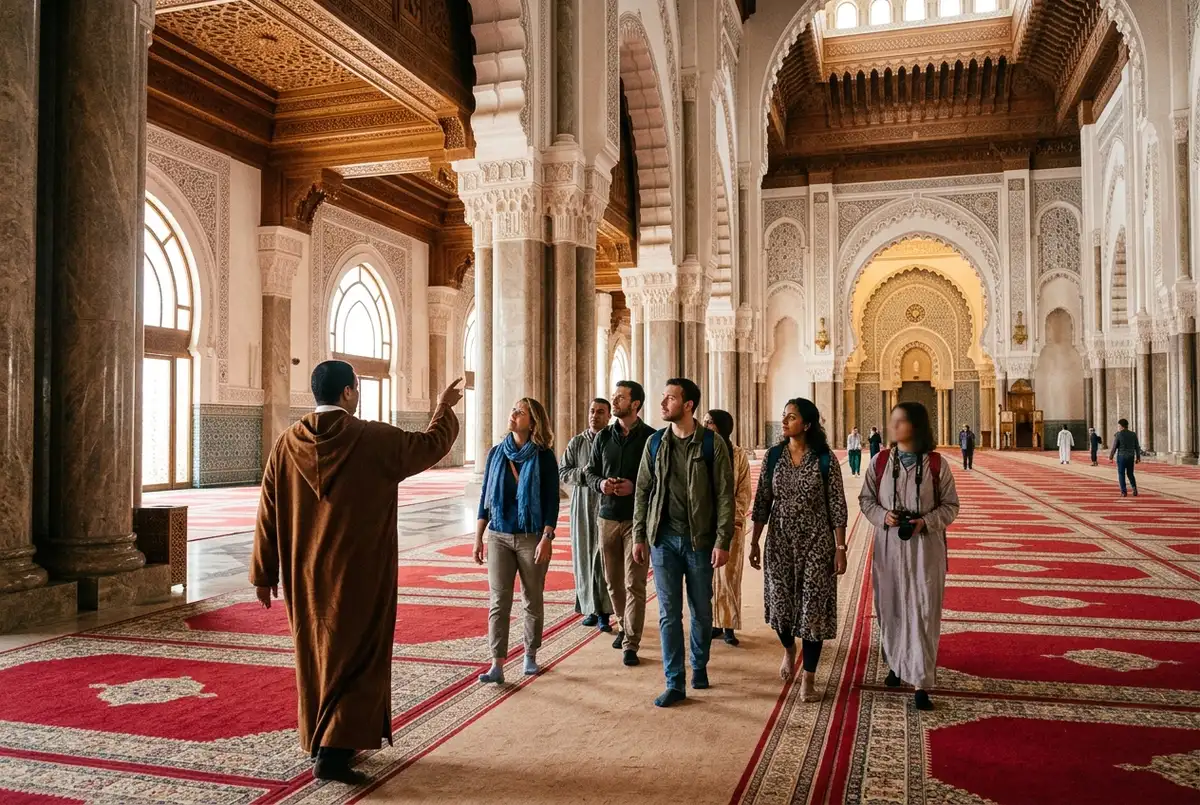 Diverse group of non-Muslim tourists following a local guide through Hassan II Mosque's ornate prayer hall in Casablanca