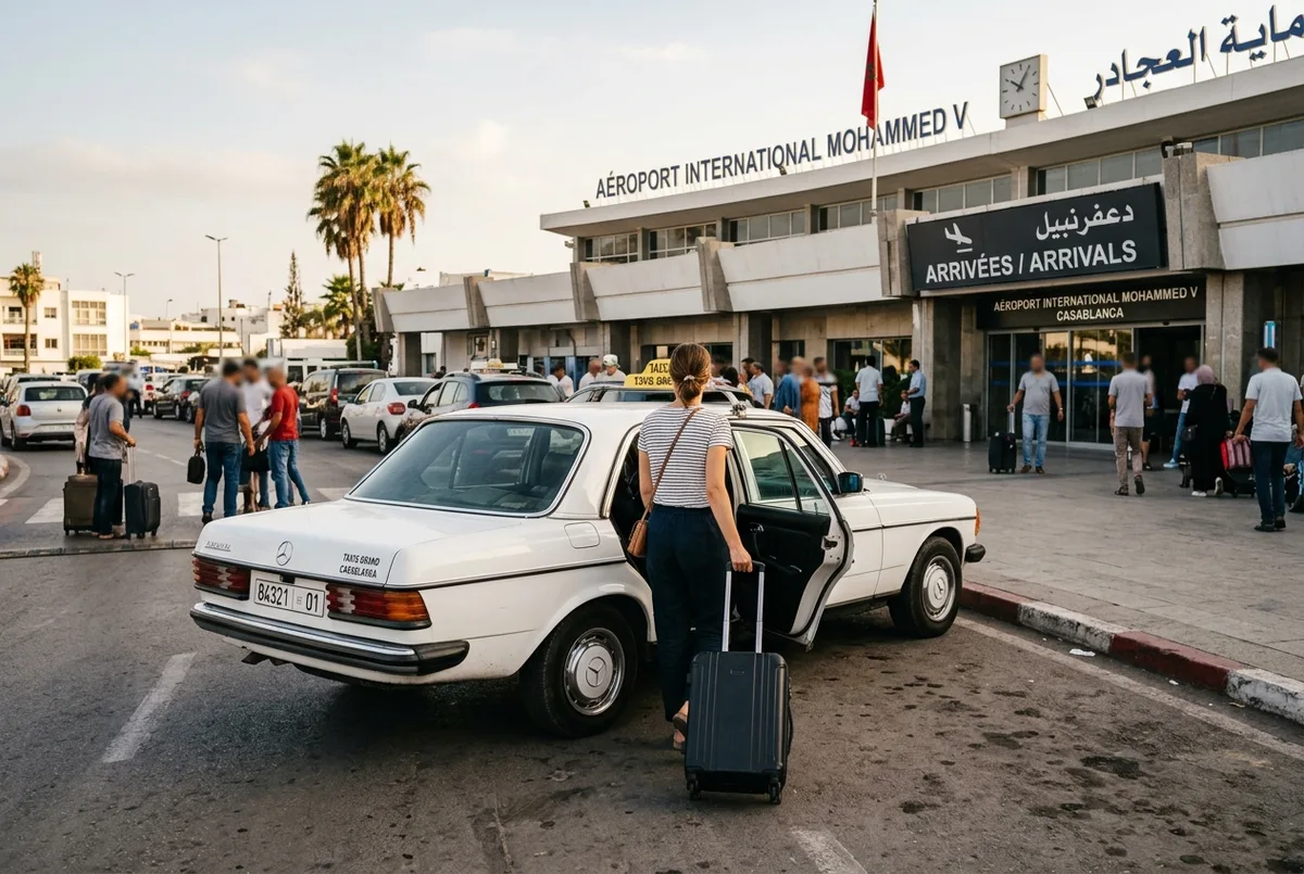 Traveler with a rolling suitcase getting into a taxi outside Mohammed V International Airport arrivals hall in Casablanca