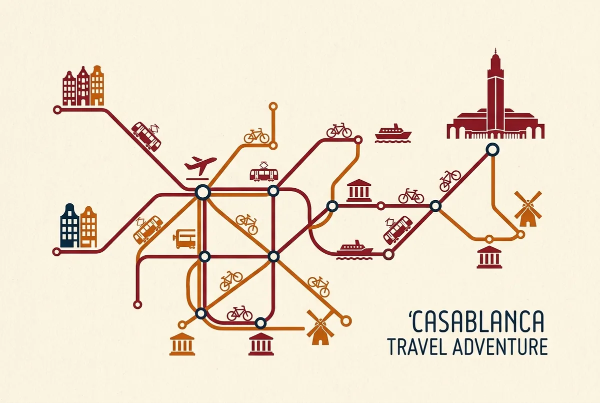 stylized map of amsterdam tram, metro and ferry lines for casablanca airport to hassan ii mosque
