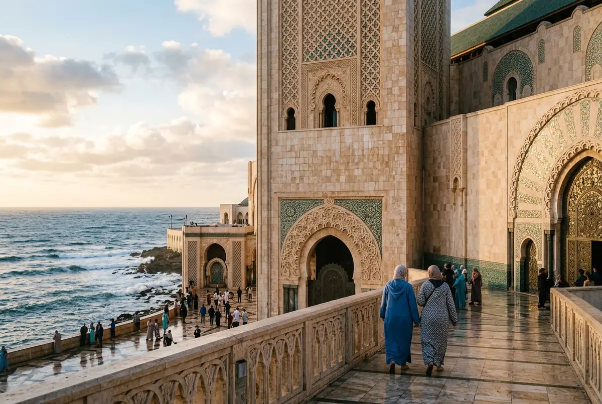 Close-up of Hassan II Mosque's carved marble columns and intricate zellige mosaic tilework inside the grand prayer hall