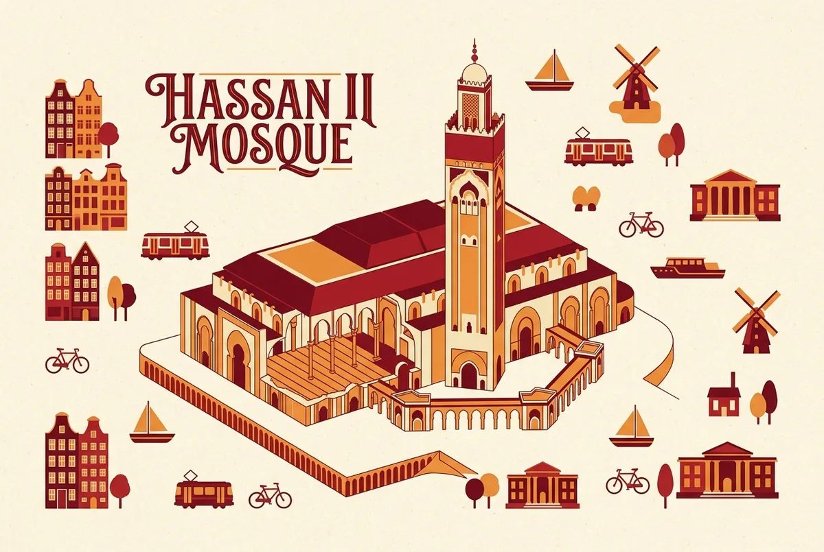 Detail infographic labeling the retractable roof, minaret, prayer hall, and ablution rooms across a cutaway view of Hassan II Mosque