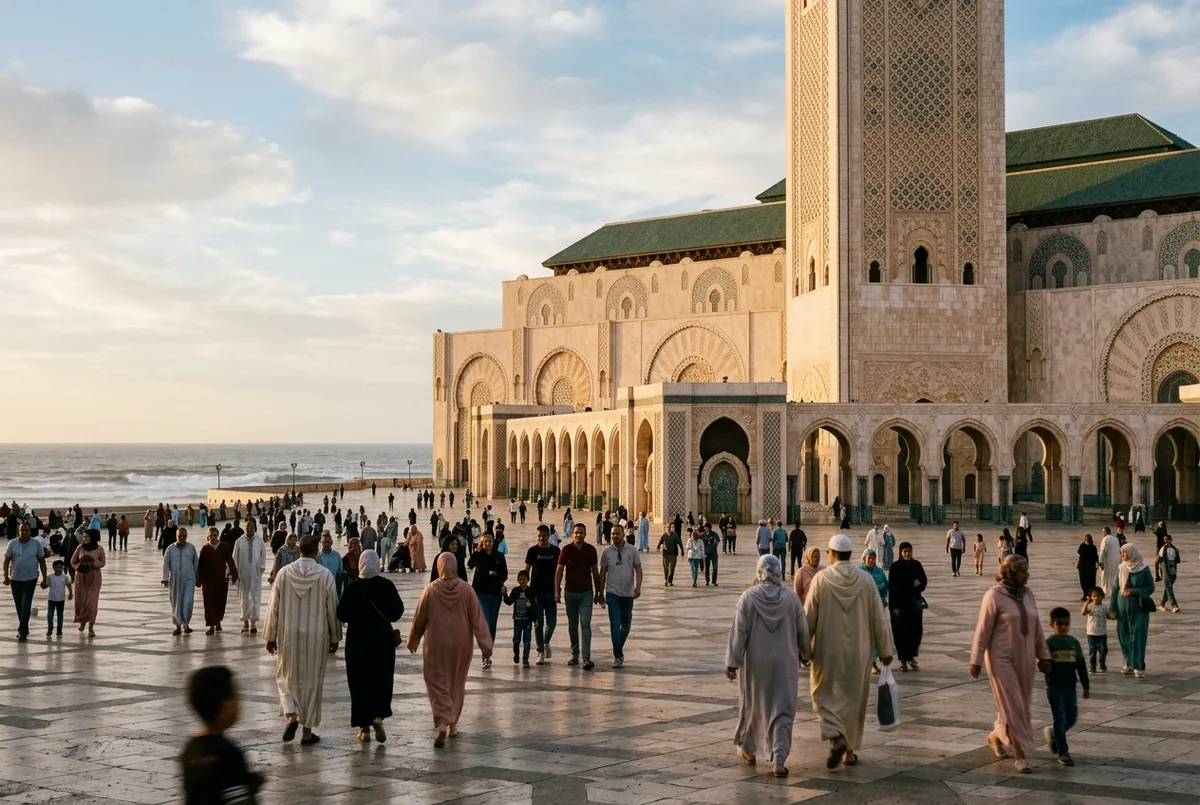 Hassan II Mosque's illuminated minaret glowing above the dark Atlantic Ocean and the Casablanca Corniche promenade at night