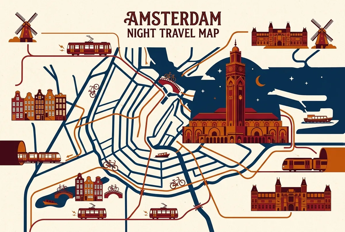 stylized map of amsterdam tram, metro and ferry lines for hassan ii mosque at night
