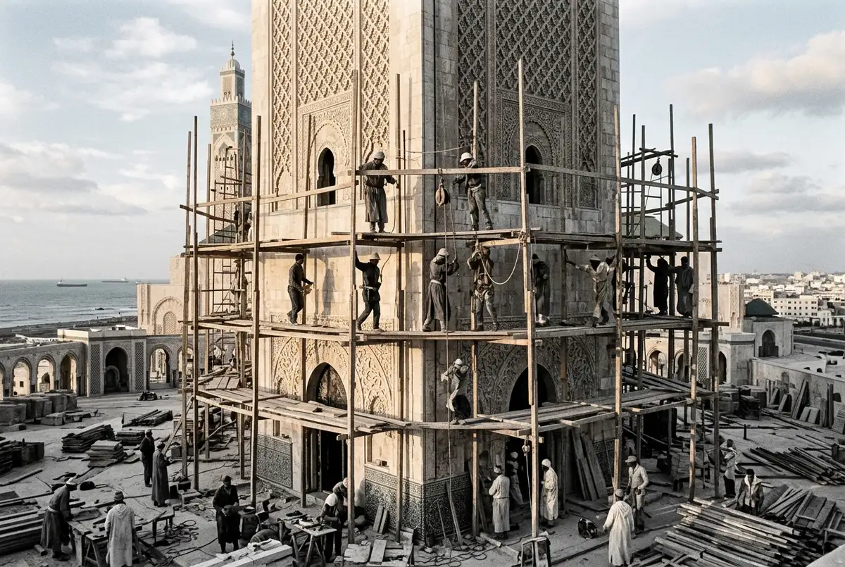 Archival-style photograph of Moroccan construction workers and artisans scaffolding Hassan II Mosque's minaret during the late 1980s build