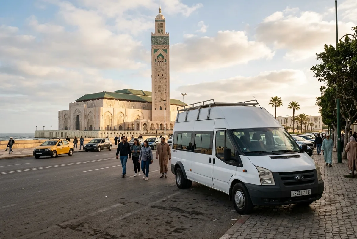 Small tour minibus parked near Hassan II Mosque's esplanade with travelers stepping out after arriving from Marrakech