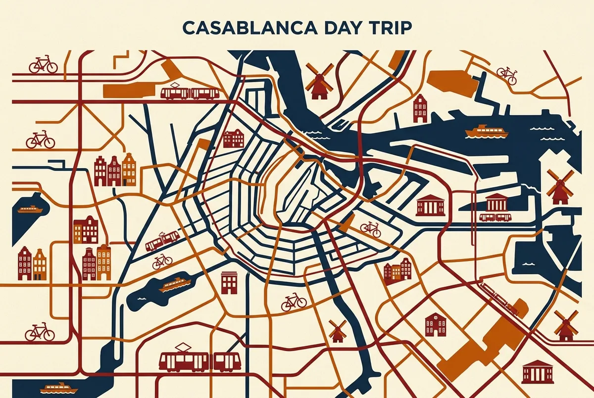 stylized map of amsterdam tram, metro and ferry lines for day trip to hassan ii mosque from marrakech