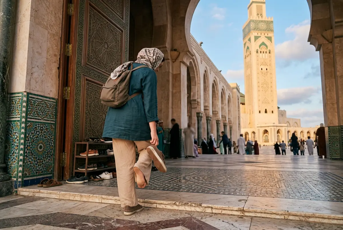 Traveler in modest, loose-fitting clothing removing shoes at the entrance of Hassan II Mosque's prayer hall in Casablanca