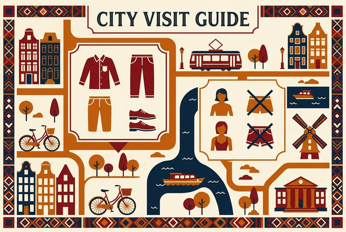 Simple etiquette infographic showing dress code icons for shoulders, knees and shoes before entering Hassan II Mosque