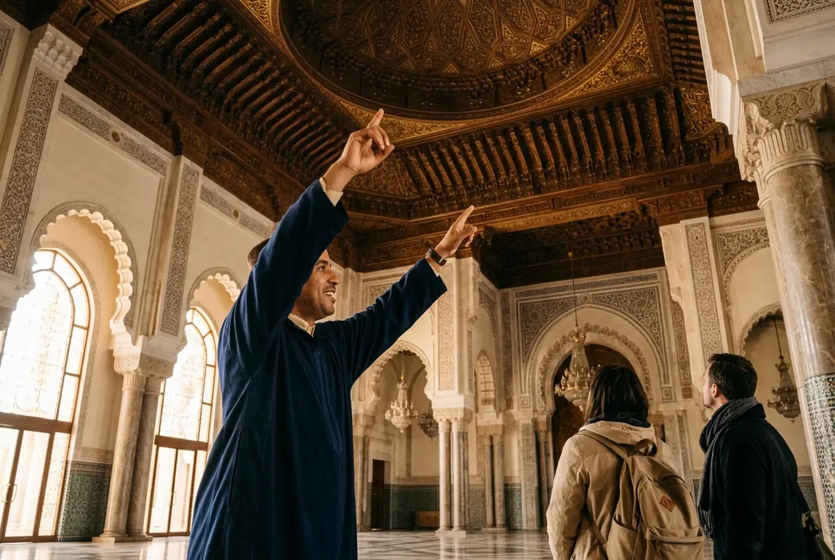 Local guide gesturing toward the carved cedar ceiling of Hassan II Mosque's prayer hall while a small tour group listens