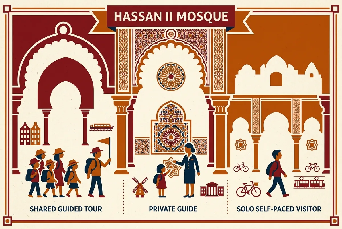 Comparison infographic contrasting a shared guided tour group, a private guide, and a solo self-paced visitor inside Hassan II Mosque