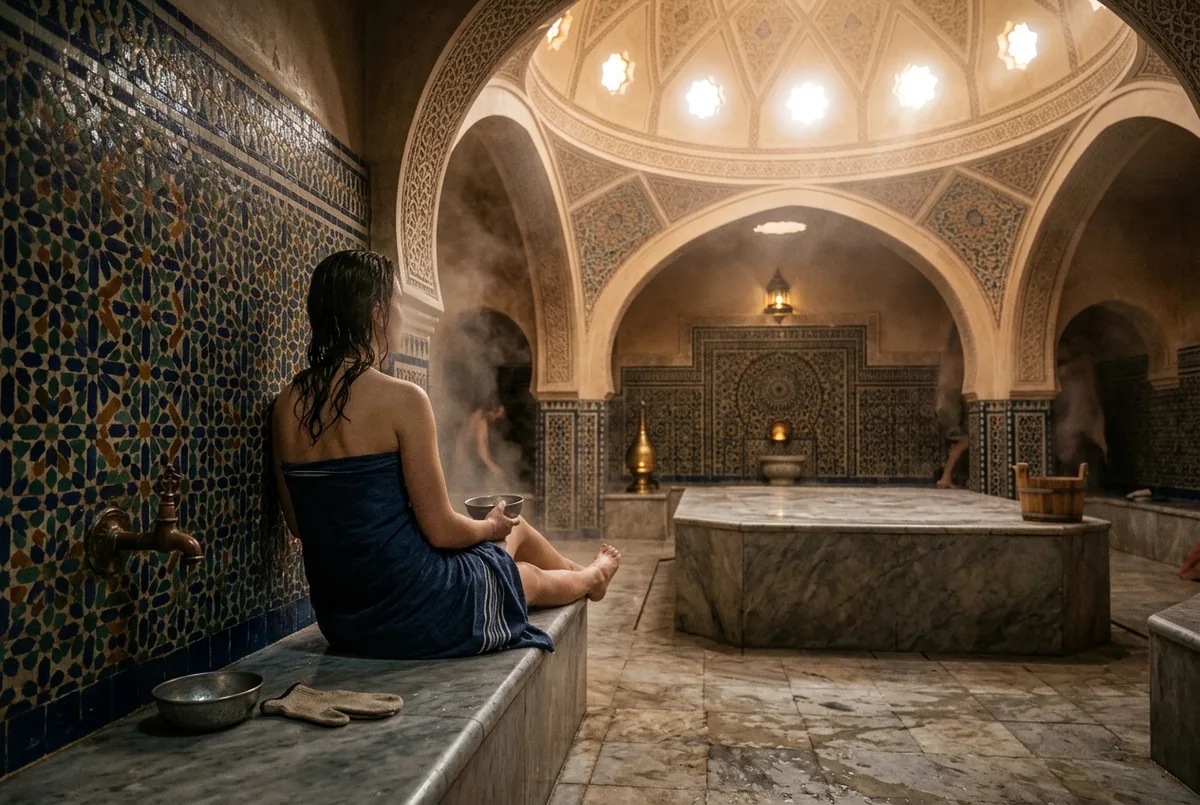 Traveler relaxing inside the traditional tiled hammam bathhouse within the Hassan II Mosque complex in Casablanca