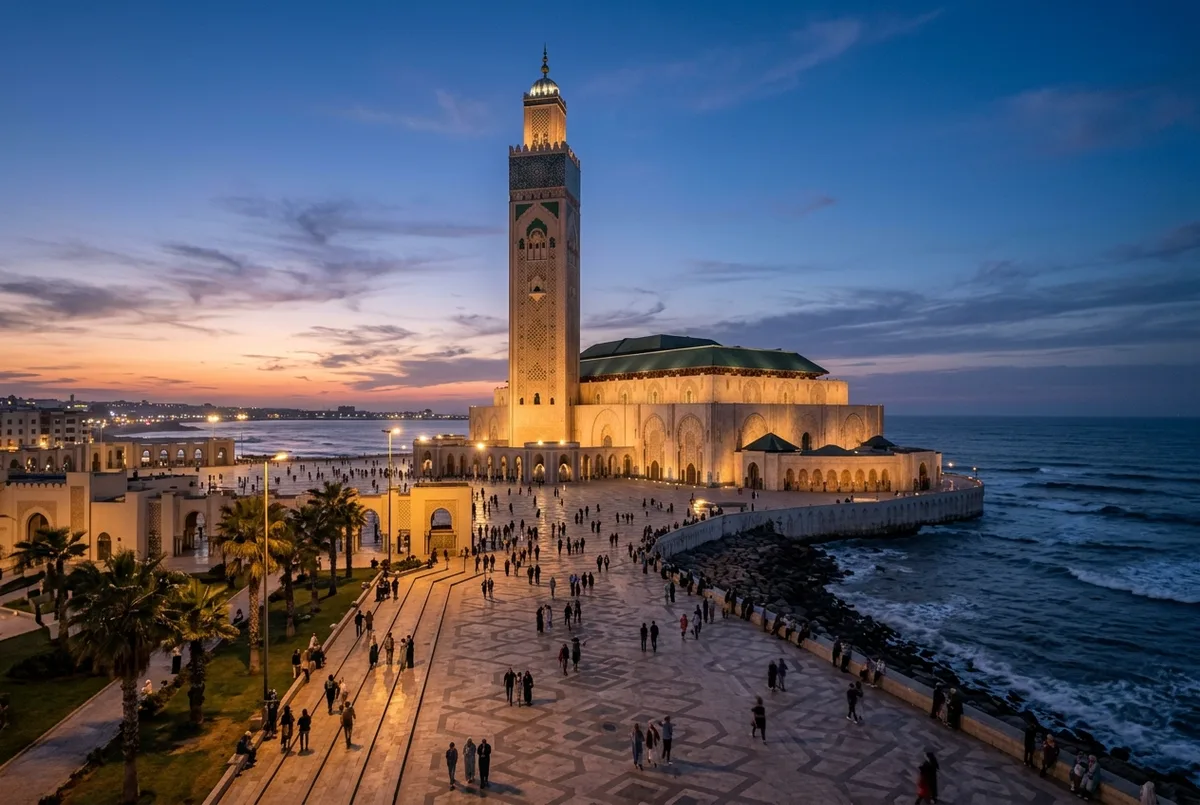 Wide dusk photograph of Hassan II Mosque's towering minaret glowing above the Casablanca skyline and Atlantic shoreline