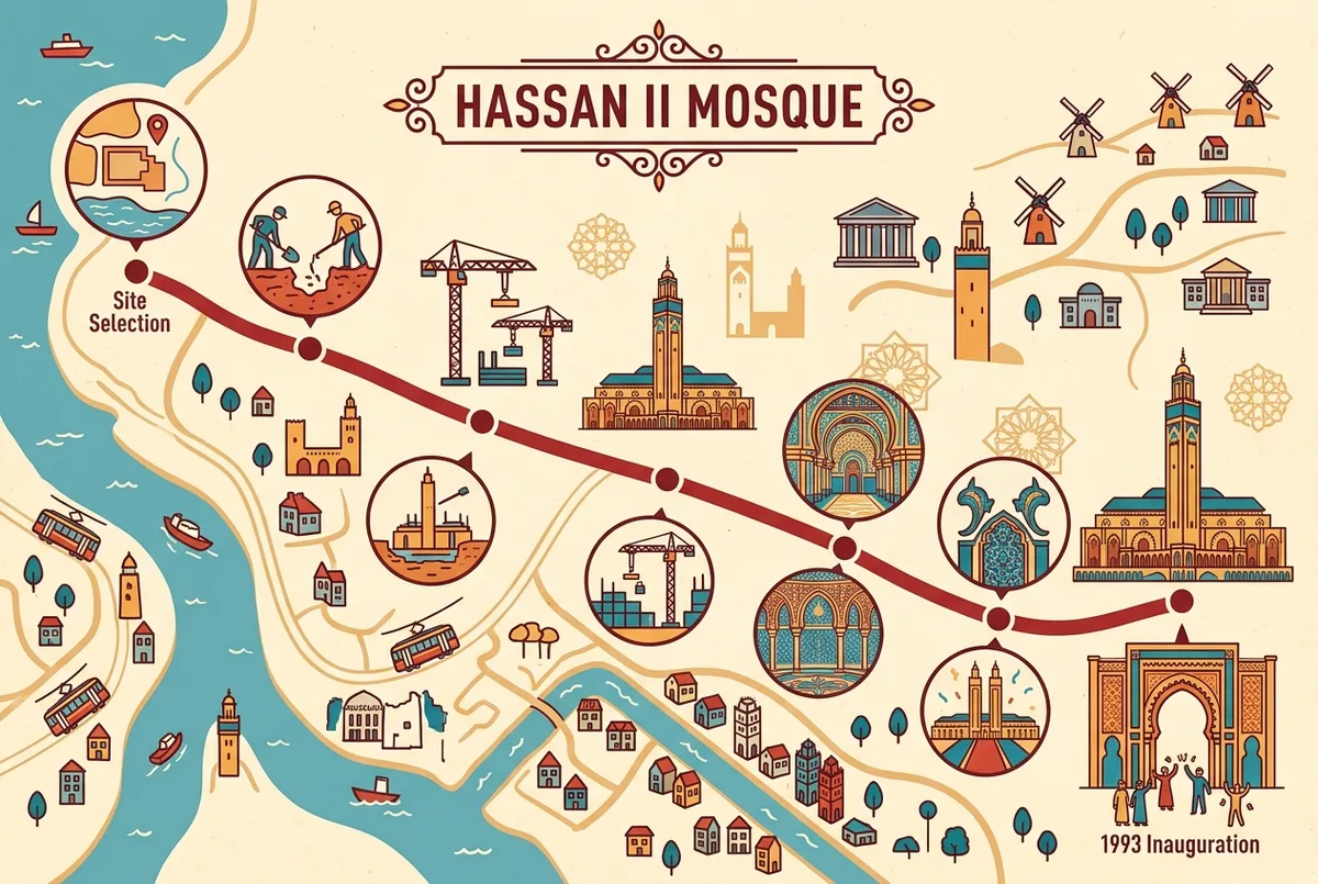 Timeline infographic showing Hassan II Mosque's construction milestones from site selection through the 1993 inauguration