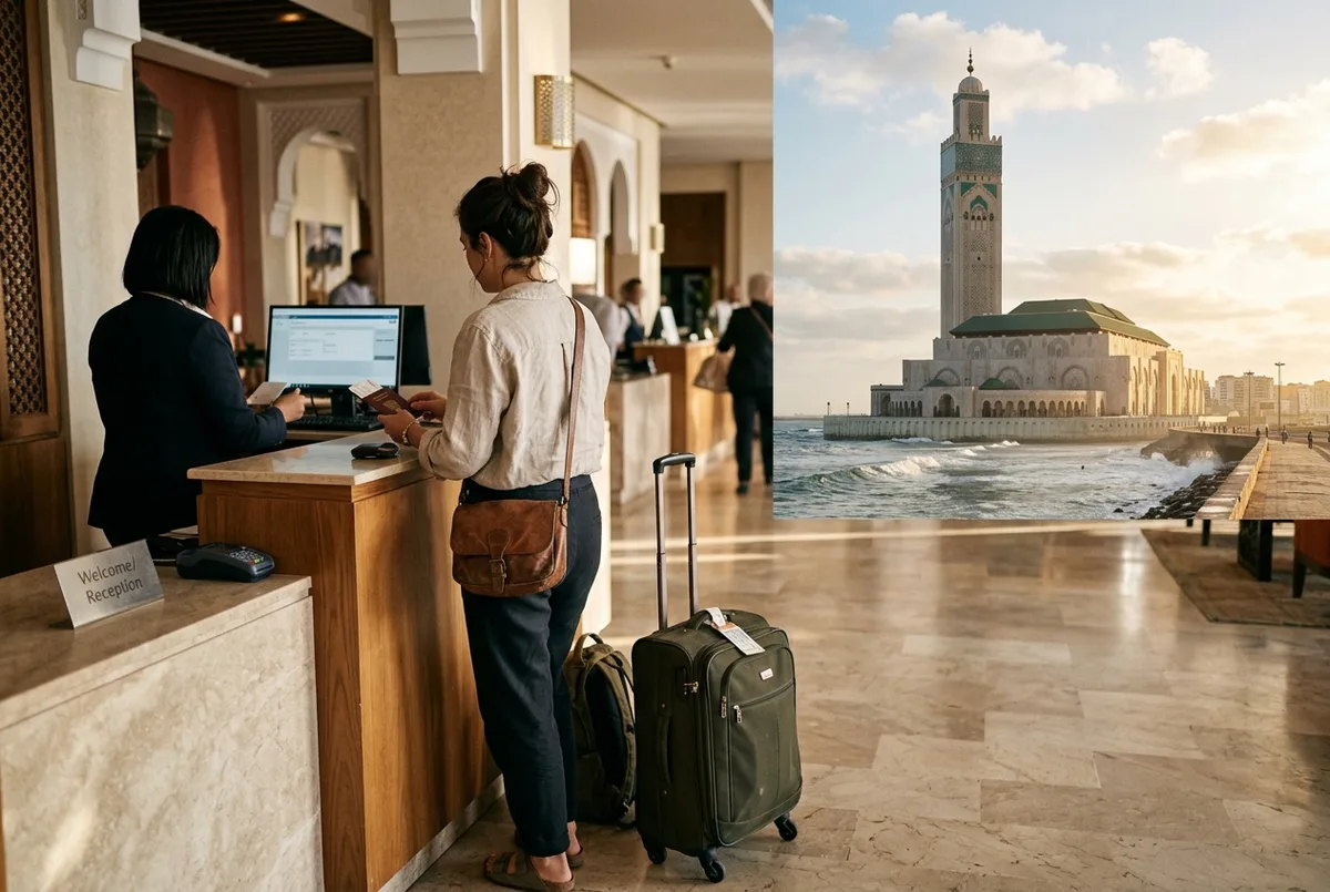 Traveler with luggage checking into a Corniche seafront hotel with Hassan II Mosque's minaret visible in the distance at golden hour