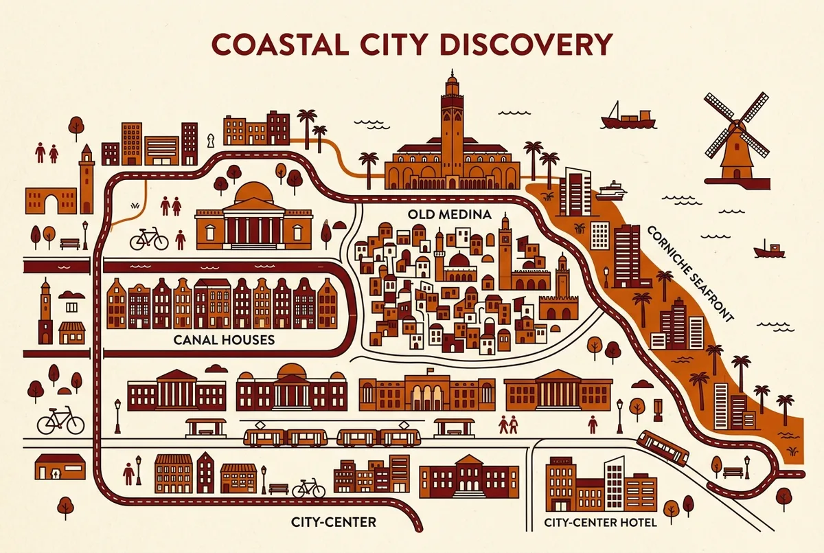 Simple map showing the Corniche seafront, Old Medina and city-center hotel areas relative to Hassan II Mosque in Casablanca