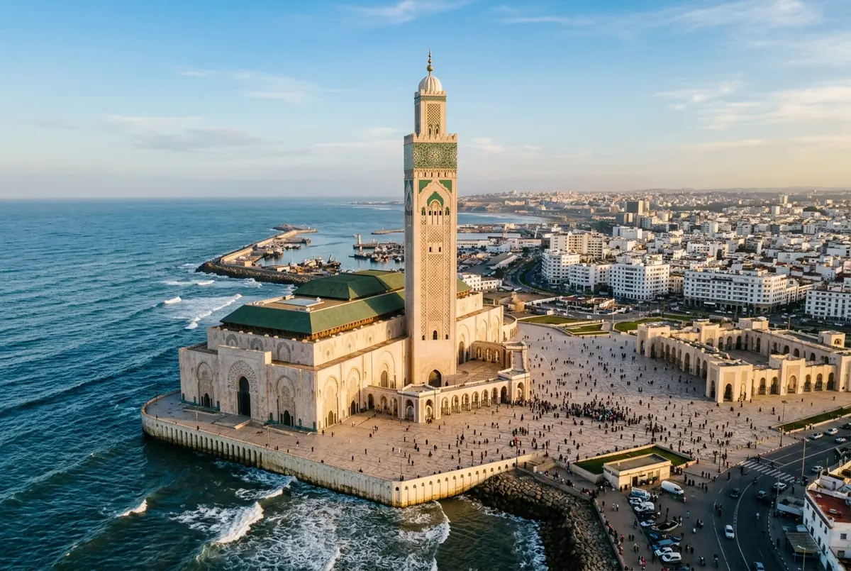 Sweeping aerial-style view of Hassan II Mosque's vast esplanade packed with worshippers during a major religious holiday in Casablanca