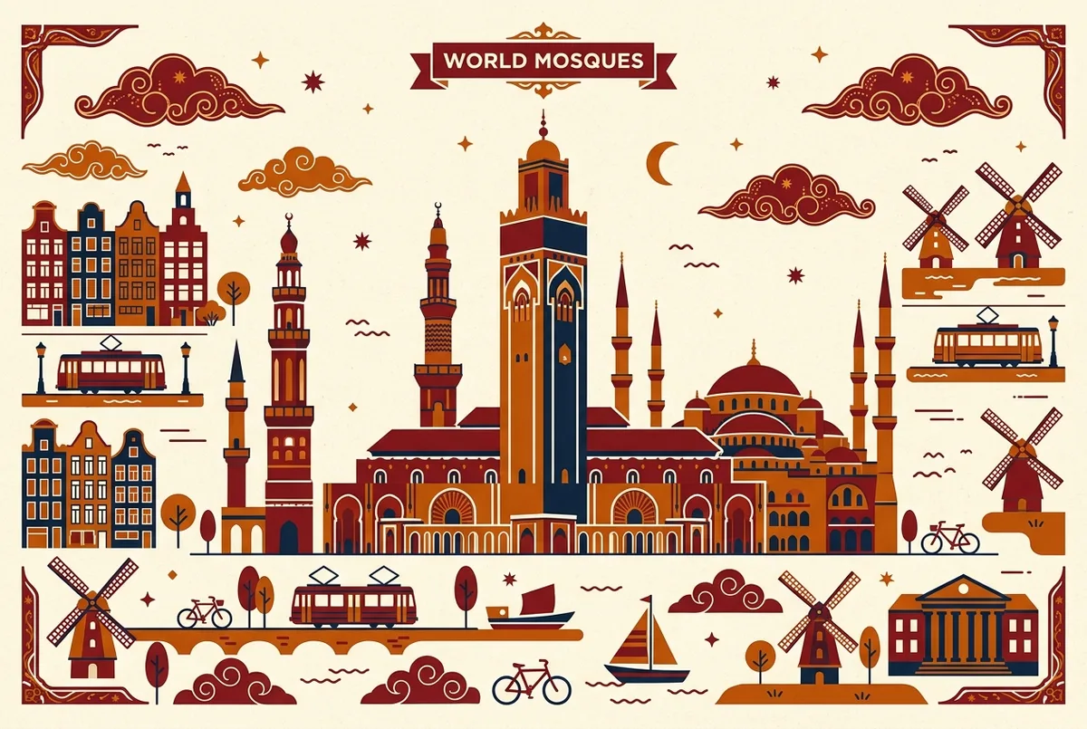 Comparison infographic showing minaret heights and capacity figures for Hassan II Mosque against other major world mosques