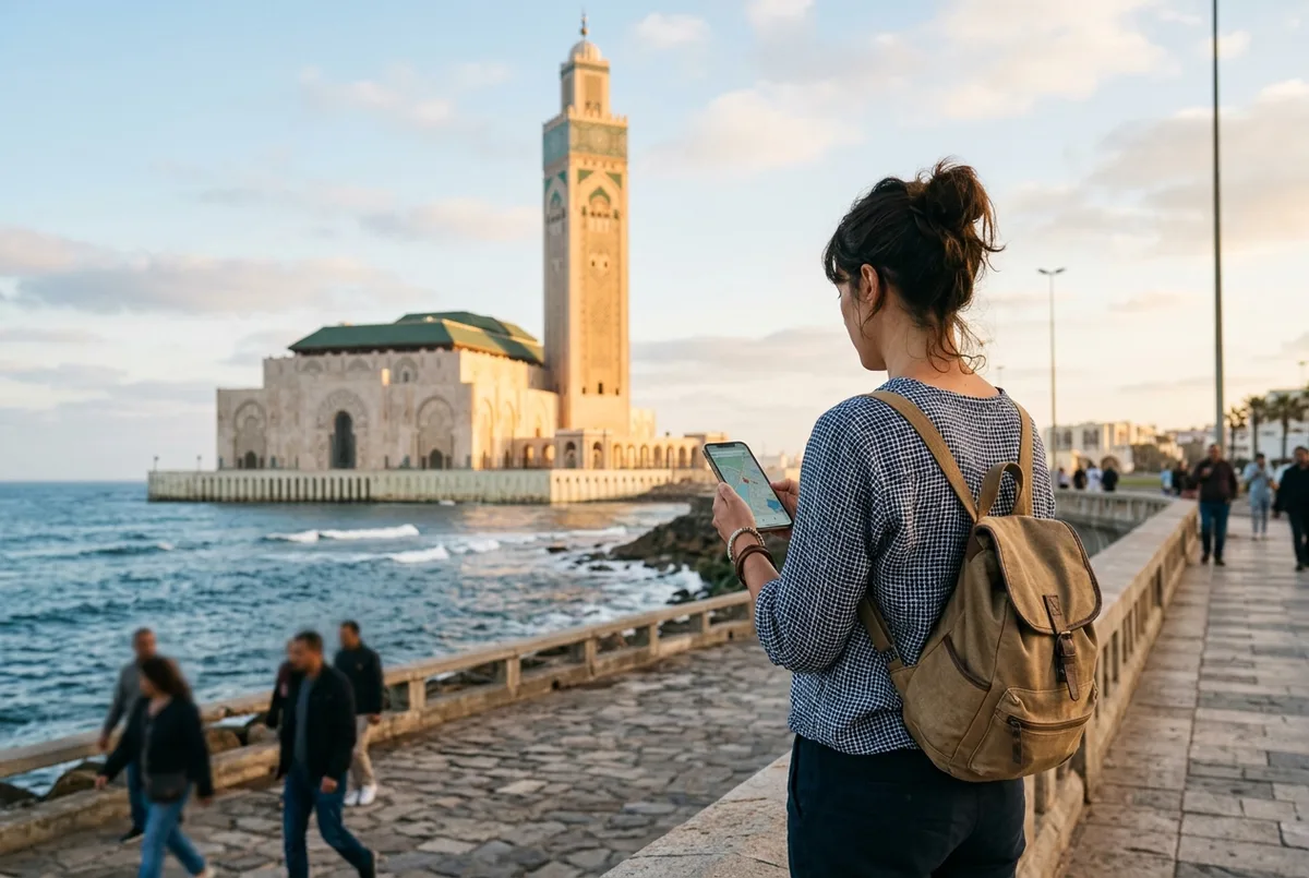 Traveler checking a phone map with Hassan II Mosque's towering minaret and the Atlantic coastline visible in the background at golden hour