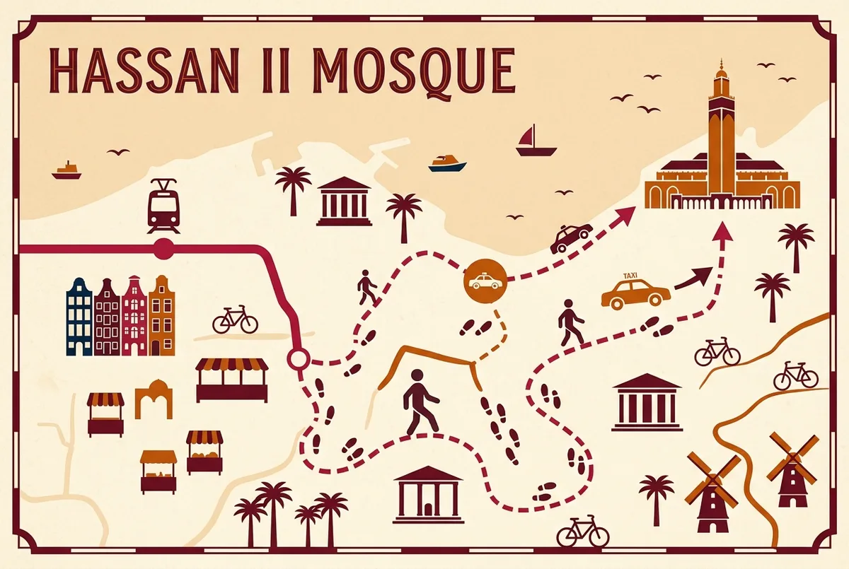 Simple route map showing the tram stop, taxi drop-off point and walking path from Casablanca's Old Medina to Hassan II Mosque on the Corniche