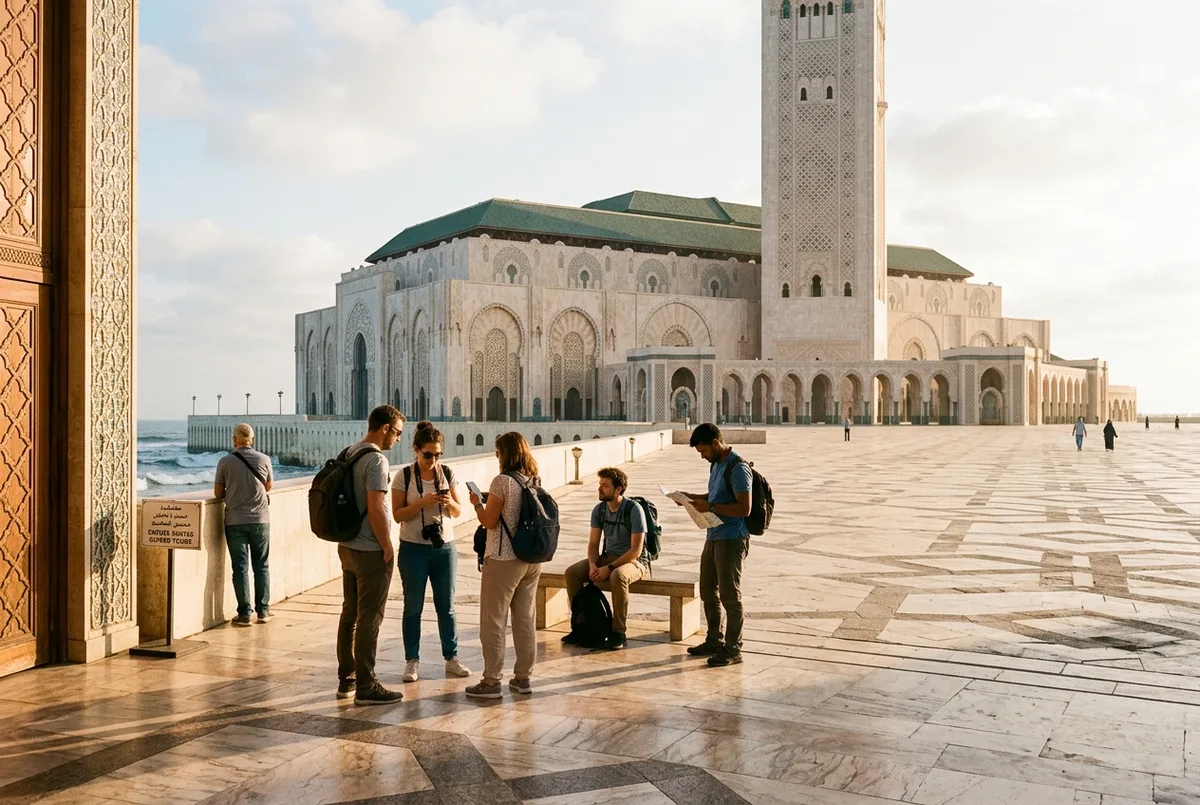 Morning sunlight falling across the Hassan II Mosque esplanade as a small group of visitors waits for the first guided tour slot