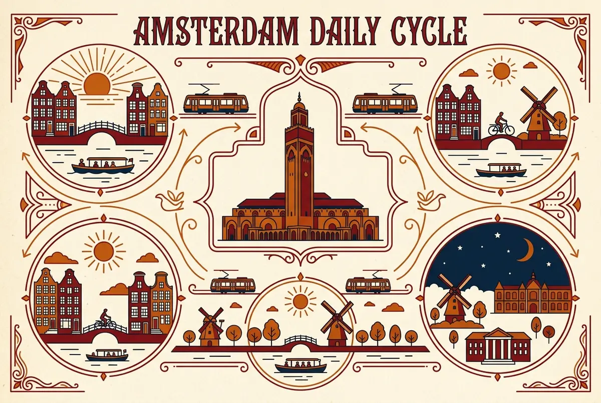 Daily schedule infographic showing Hassan II Mosque visitor hours arranged around the five daily prayer times