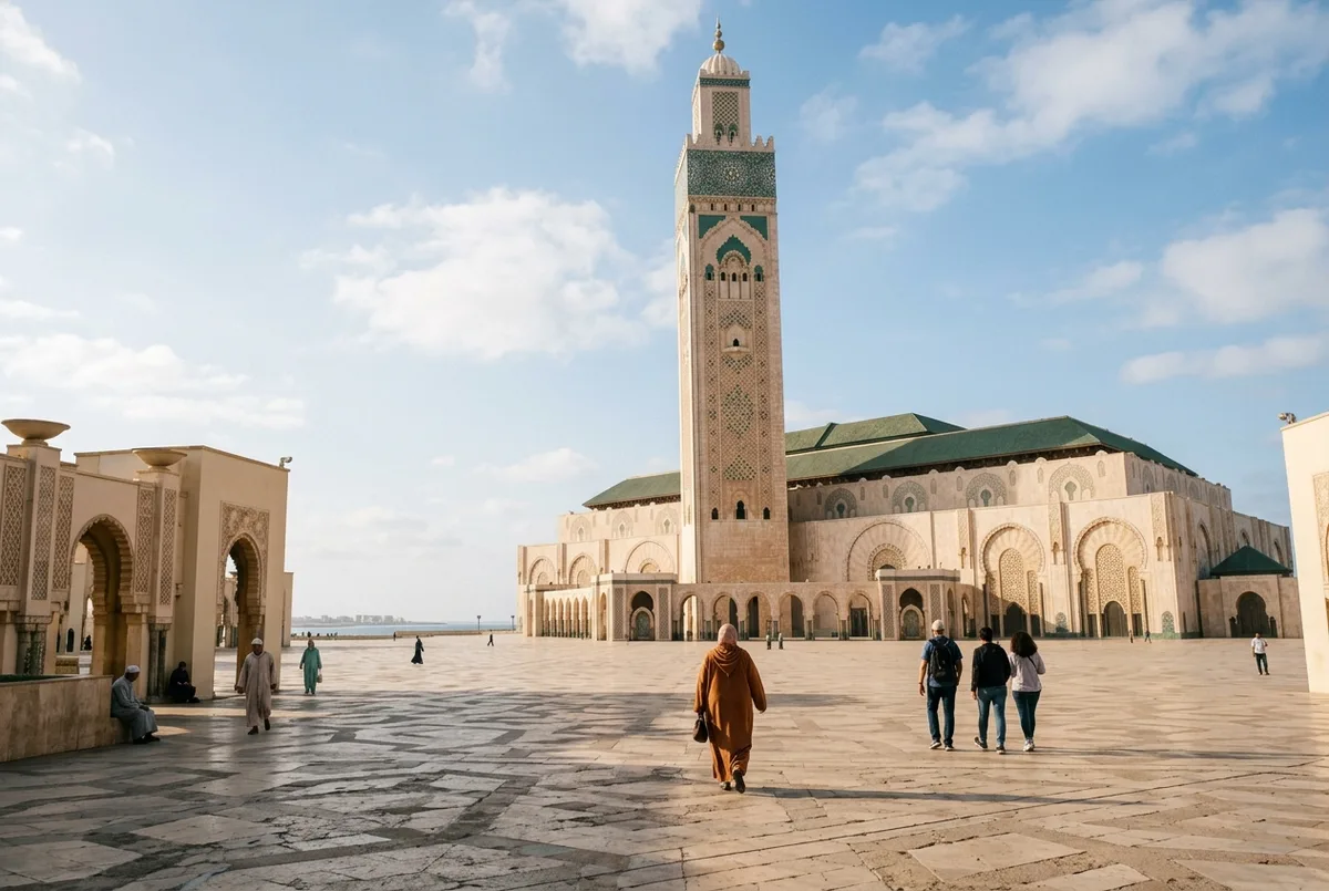 Quiet daytime view of Hassan II Mosque's esplanade during Ramadan with soft afternoon light before the evening iftar crowds arrive