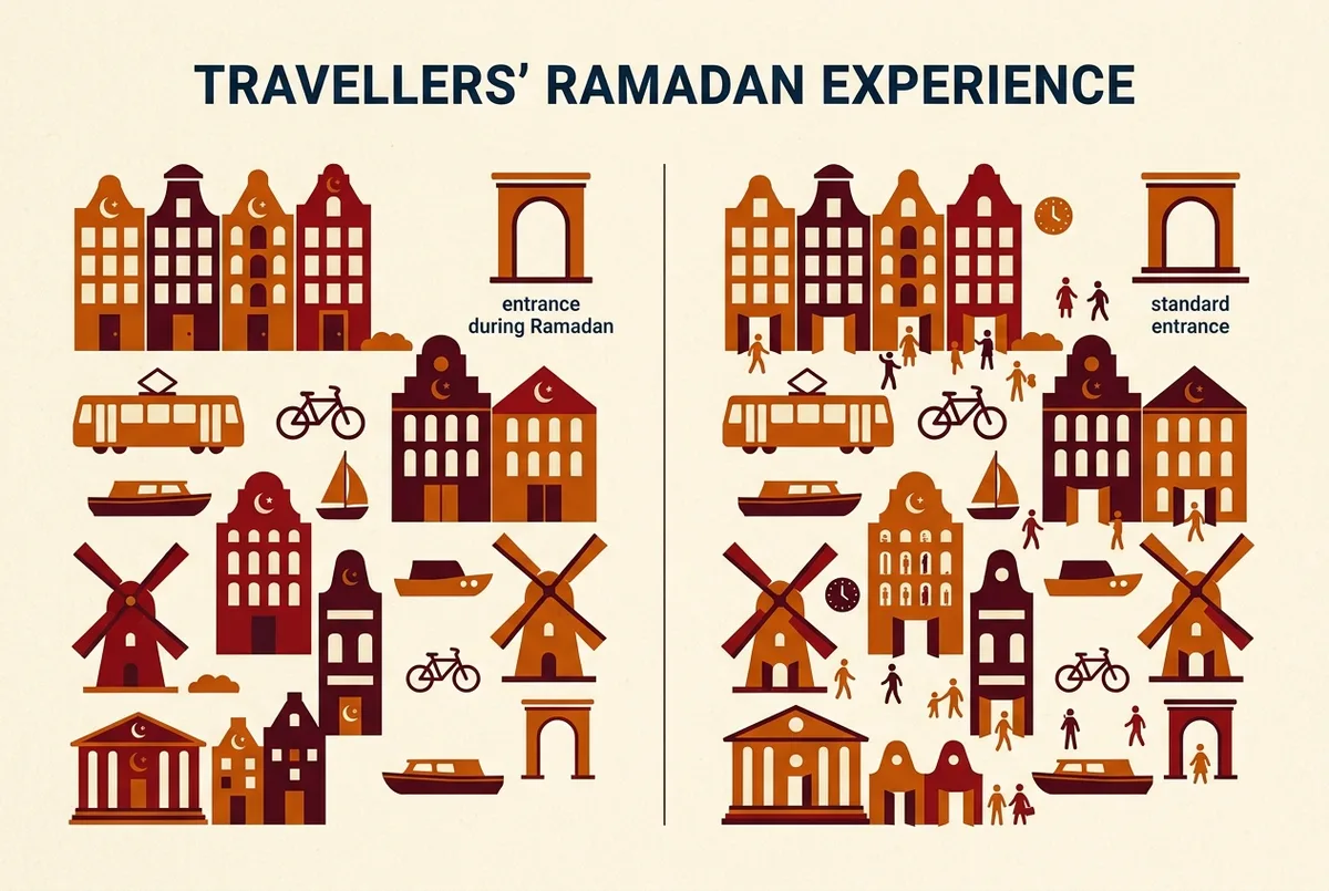 Simple before-and-after style graphic comparing Hassan II Mosque's daytime Ramadan hours against its standard non-Ramadan tour schedule