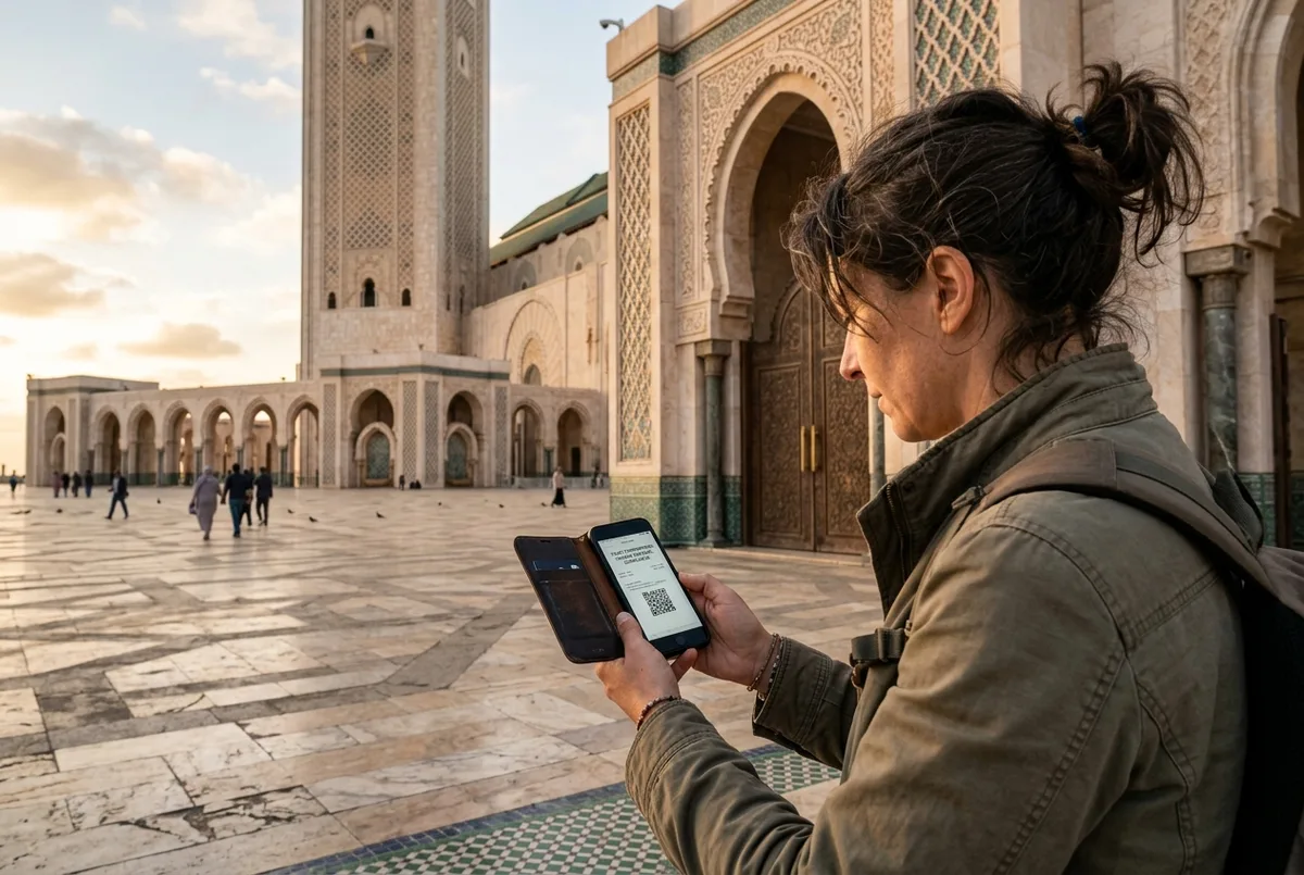 Traveler holding a Hassan II Mosque ticket confirmation on a phone outside the mosque's grand entrance archway in Casablanca at golden hour