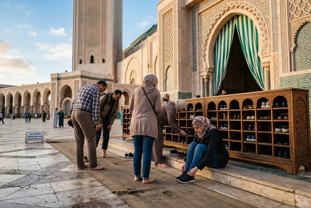 Visitors removing their shoes before stepping into Hassan II Mosque's ablution hall during a guided tour