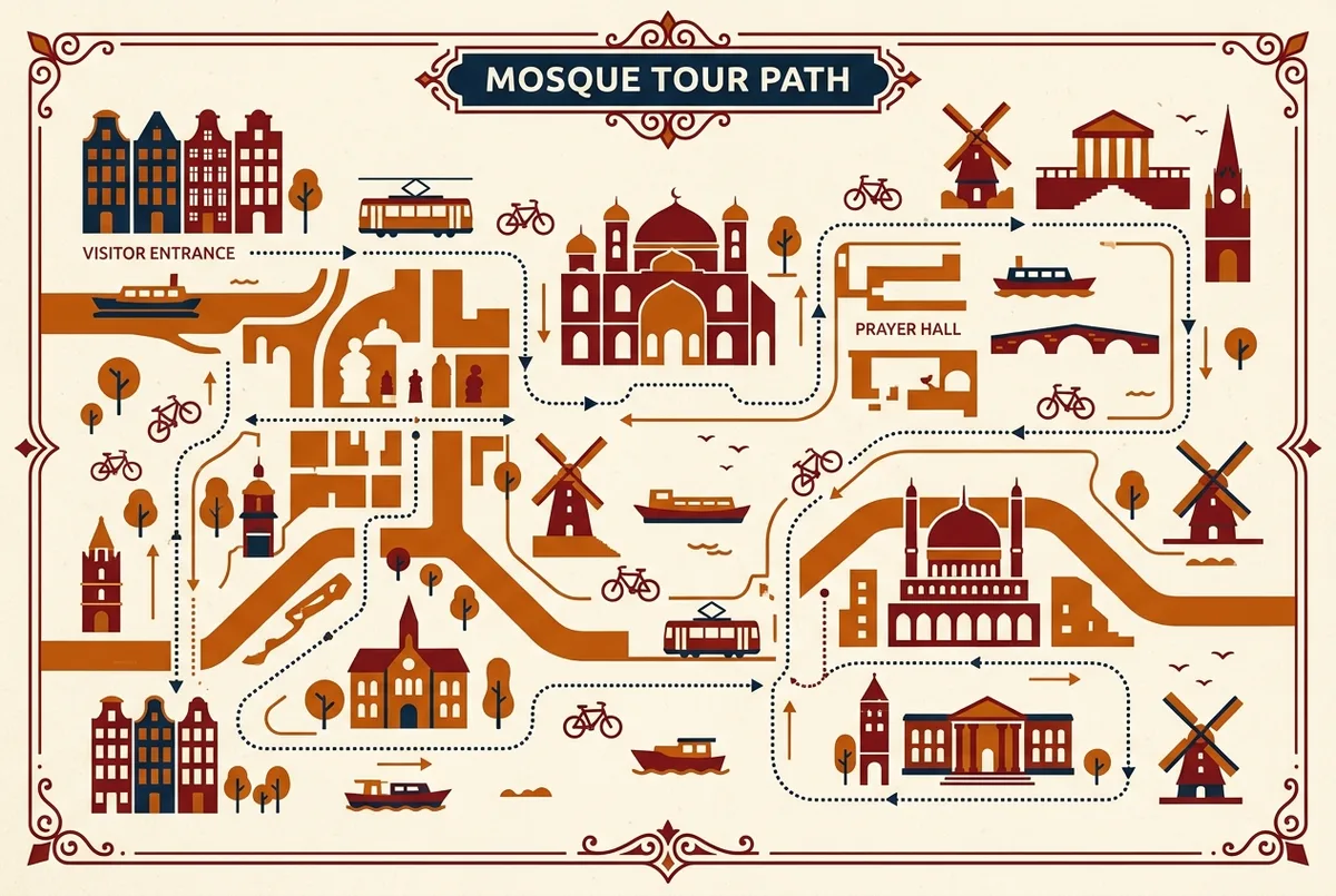 Step by step route map of the Hassan II Mosque tour from the visitor entrance through the ablution hall, prayer hall, and rooftop esplanade view
