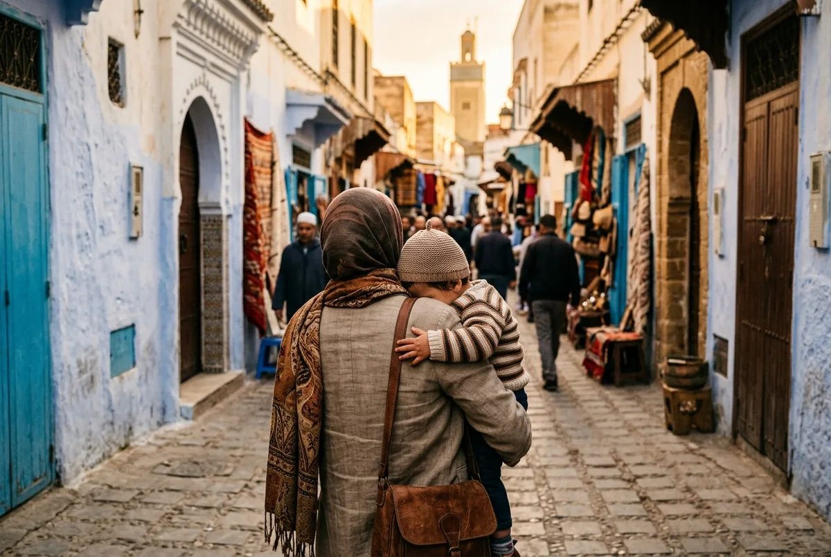 Parent holding a child's hand while walking across Hassan II Mosque's sunlit marble esplanade with the minaret rising behind them