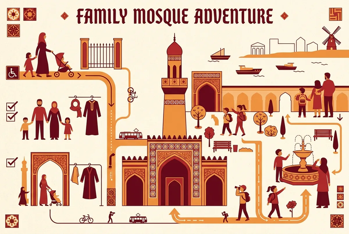 Family checklist infographic showing stroller access, dress code icons, and a suggested visit timeline for Hassan II Mosque with kids