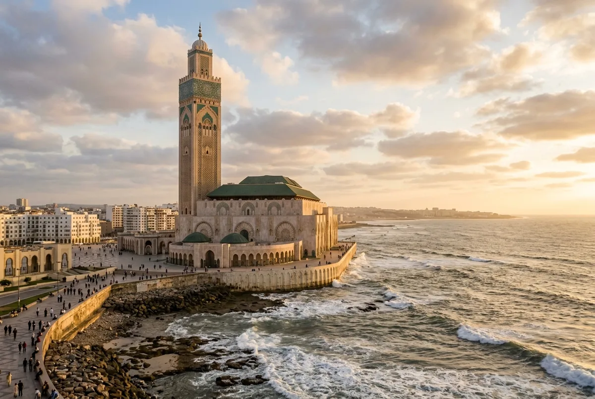 Hassan II Mosque's minaret rising above the Atlantic Ocean on the Casablanca coastline