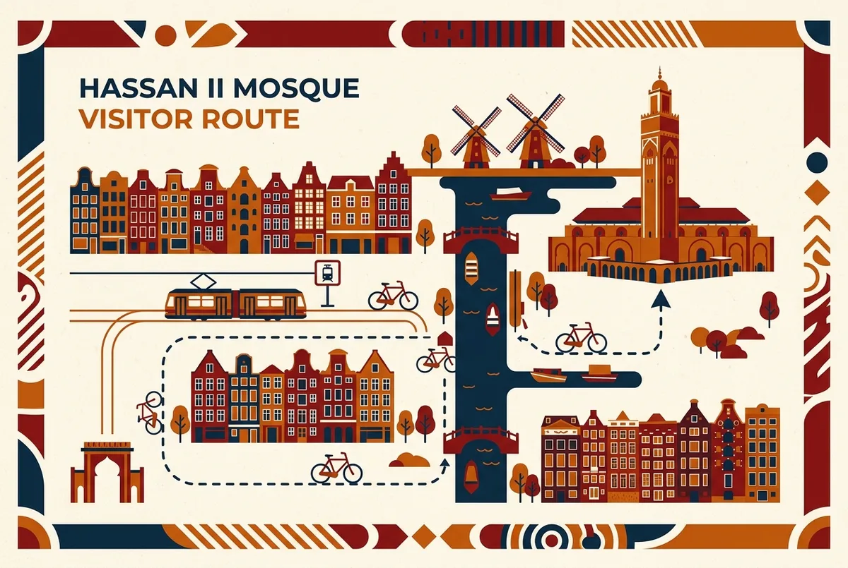 Map showing the Hassan II Mosque visitor route from the entrance to the prayer hall and esplanade