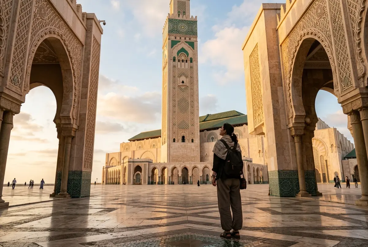 Visitor pausing in awe beneath Hassan II Mosque's soaring marble columns and mosaic tilework inside the prayer hall