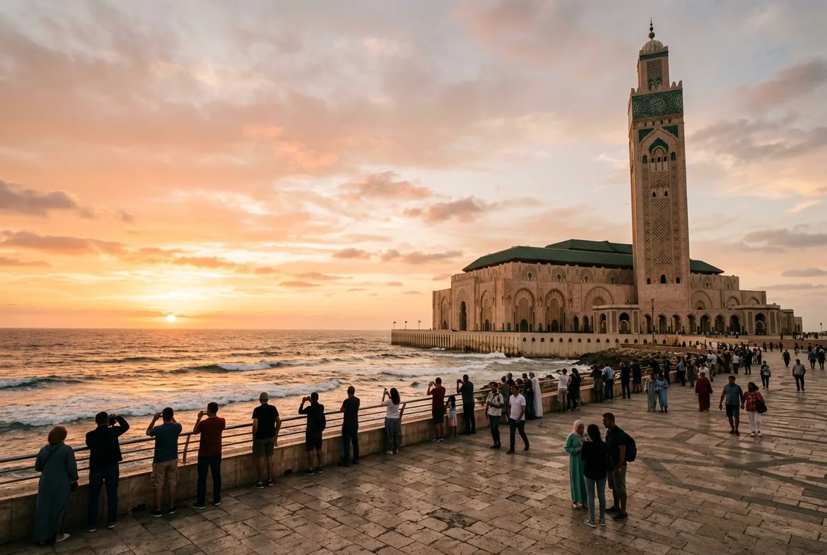 Wide shot of Hassan II Mosque's minaret against the Atlantic Ocean at sunset with tourists photographing the view from the esplanade