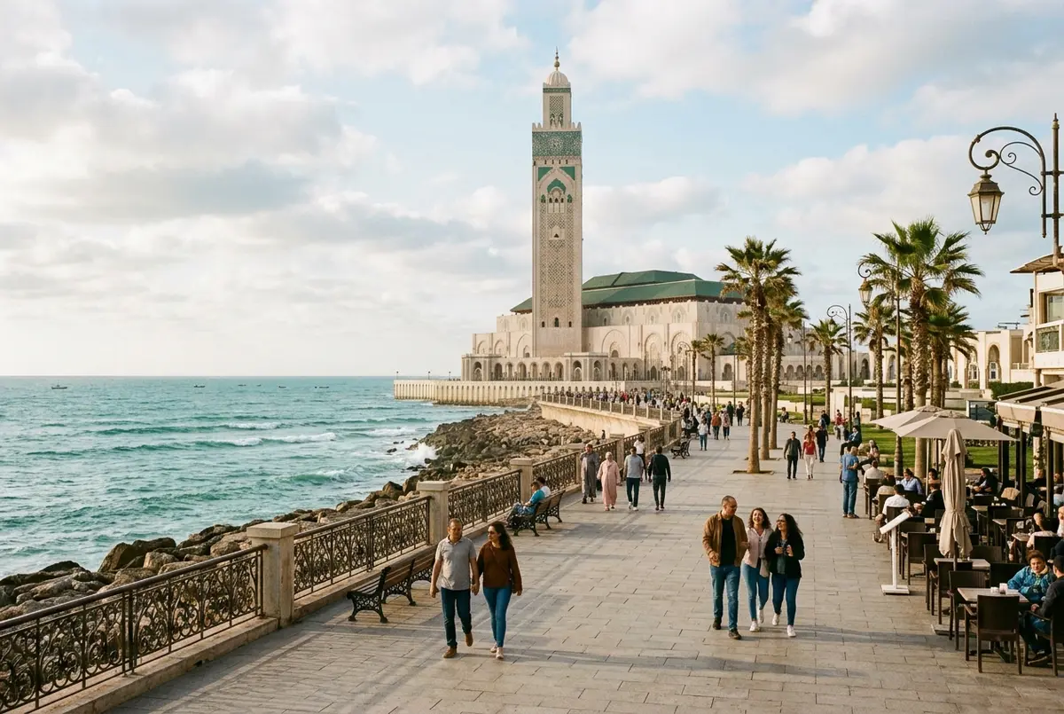 Travelers strolling the Casablanca Corniche promenade near Hassan II Mosque with seaside cafes and the Atlantic Ocean in view