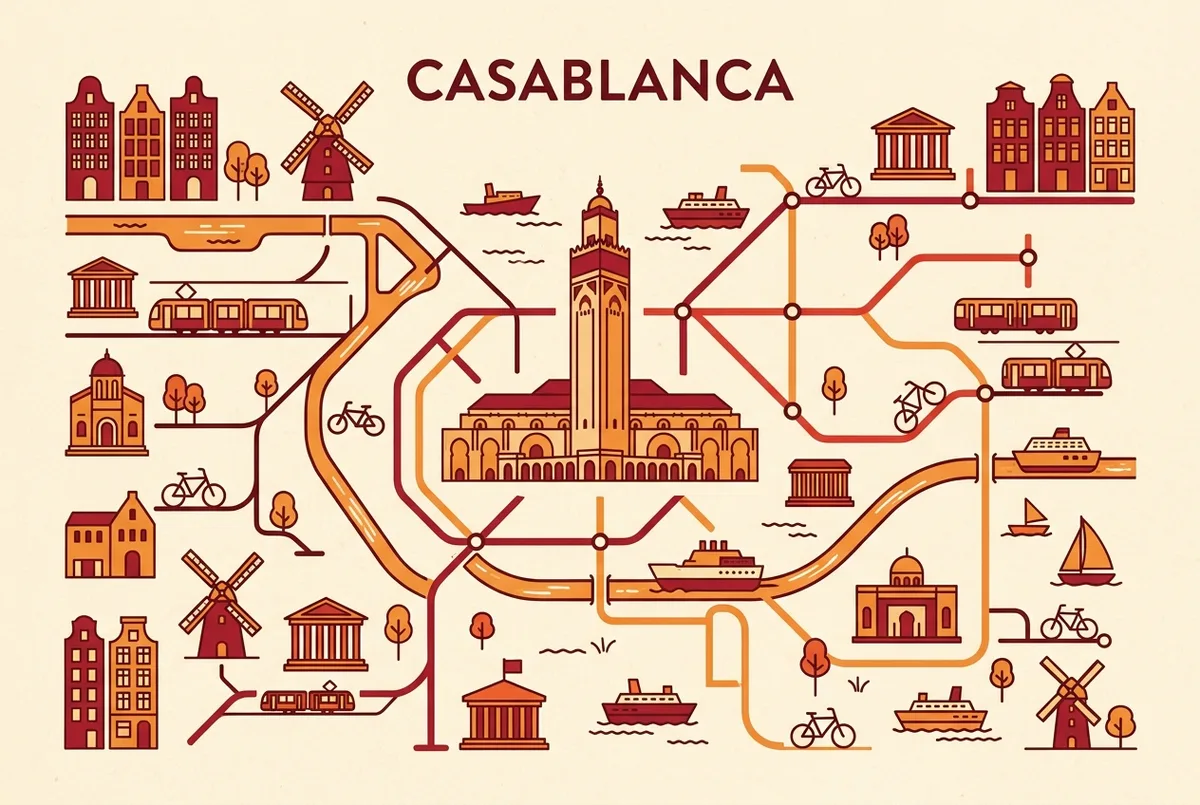stylized map of amsterdam tram, metro and ferry lines for things to do near hassan ii mosque